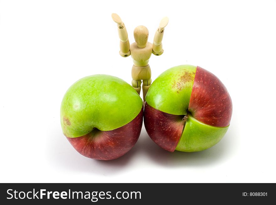 Mixed red and green apples on the white background