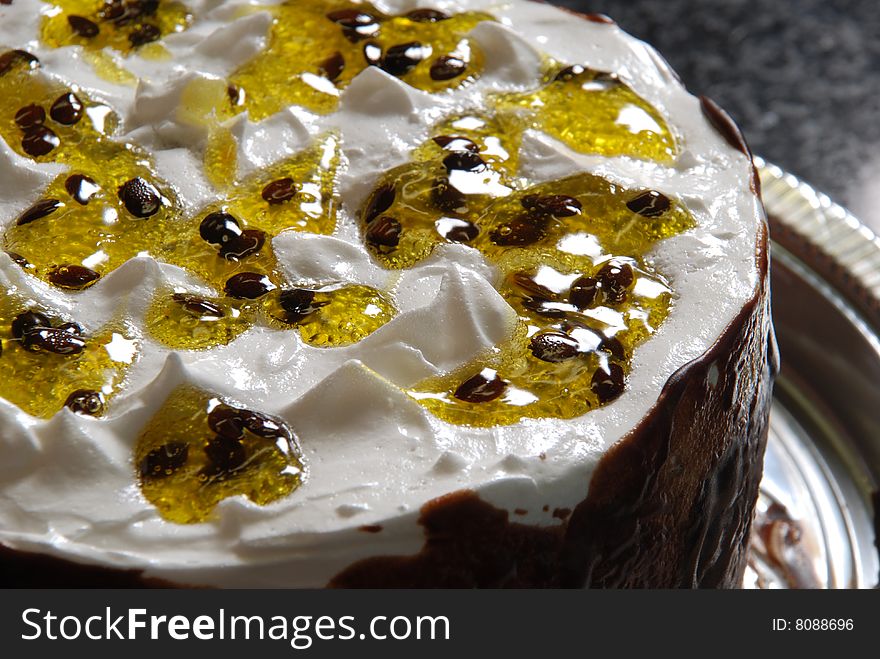 Cake with cherries and maracuja sugar, cherries