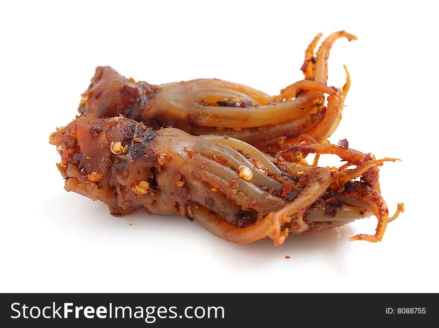 Close up of two spicy octopus isolated on white background.