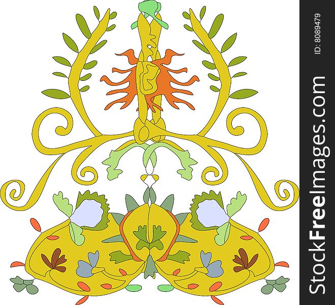 A colorful and symmetrical floral crest design.