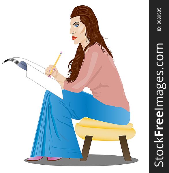 Young woman sit on the chair with book and pencil. Young woman sit on the chair with book and pencil