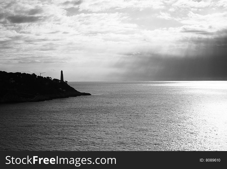 Black and White lighthouse in Nice, France. Black and White lighthouse in Nice, France