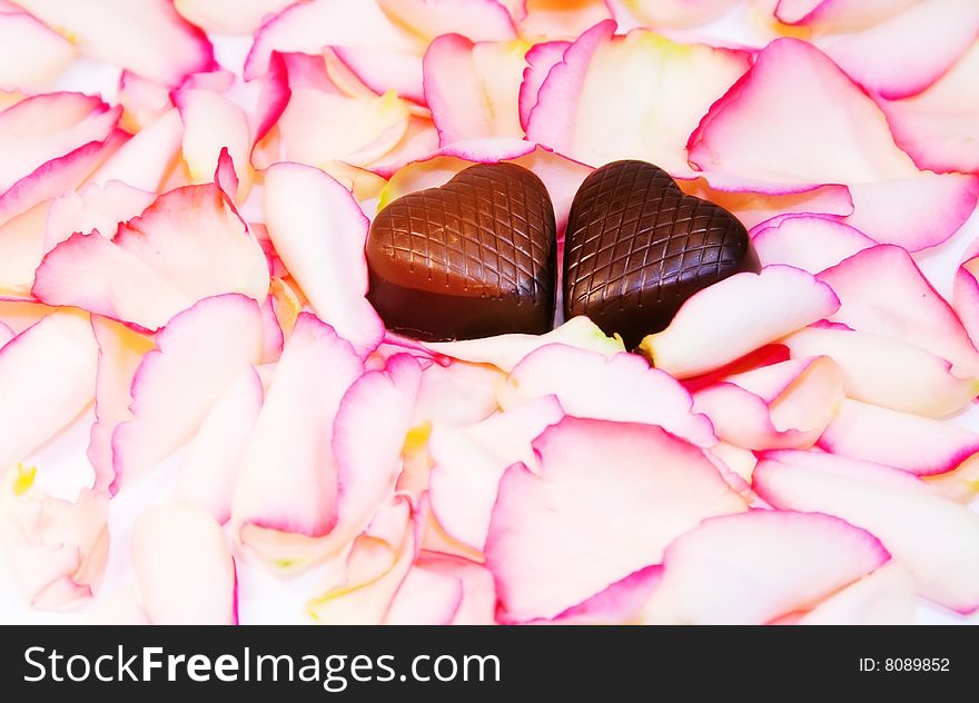 Tender Love - romantic design of two chocolate hearts over rose petals. Tender Love - romantic design of two chocolate hearts over rose petals.