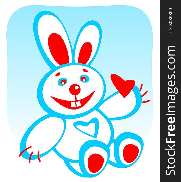 Cartoon enamored rabbit with heart on a blue background. Valentine's illustration.
