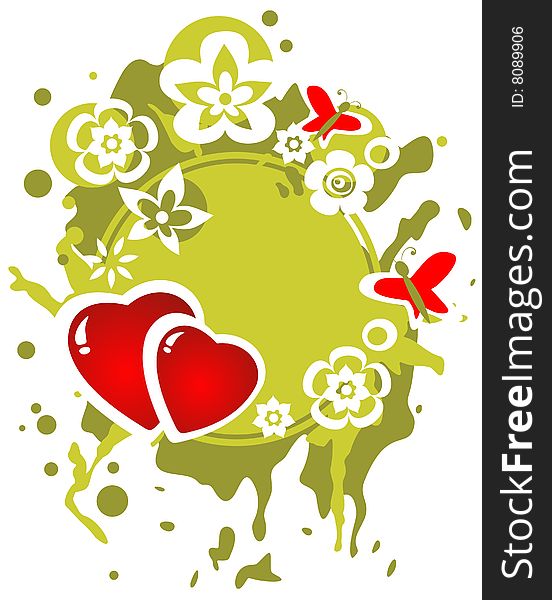 Two hearts and  flowers on a green grunge background. Valentine's illustration. Two hearts and  flowers on a green grunge background. Valentine's illustration.