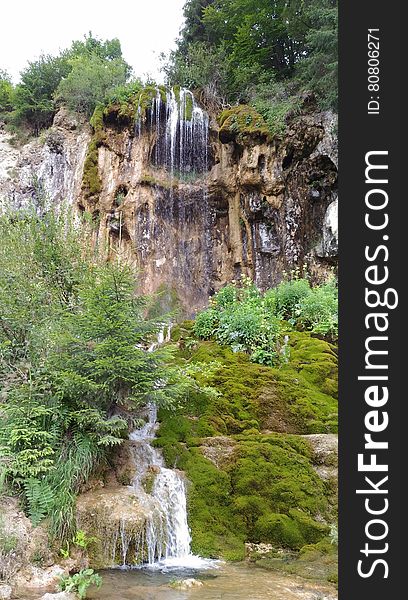 A part of a waterfall located in Romania, Alba county, named Pisoaia. There is a lot of vegetation around it, such as trees, located on the cliff and at the bottom left of the waterfall. Moss can be seen on the bottom right side of the image. It has a total length of about 18 meters. The chalk formations give it a spectacular look. A part of a waterfall located in Romania, Alba county, named Pisoaia. There is a lot of vegetation around it, such as trees, located on the cliff and at the bottom left of the waterfall. Moss can be seen on the bottom right side of the image. It has a total length of about 18 meters. The chalk formations give it a spectacular look.