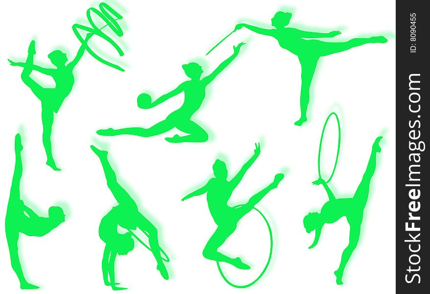 Young women in rhythmic gymnastics silhouette and exercises. Young women in rhythmic gymnastics silhouette and exercises