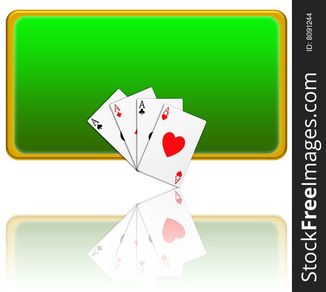 Banner green background and gold frame with the four aces of poker. Banner green background and gold frame with the four aces of poker