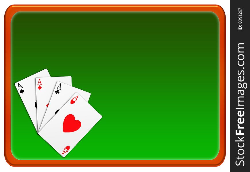 Banner green background and gold frame with the four aces of poker. Banner green background and gold frame with the four aces of poker