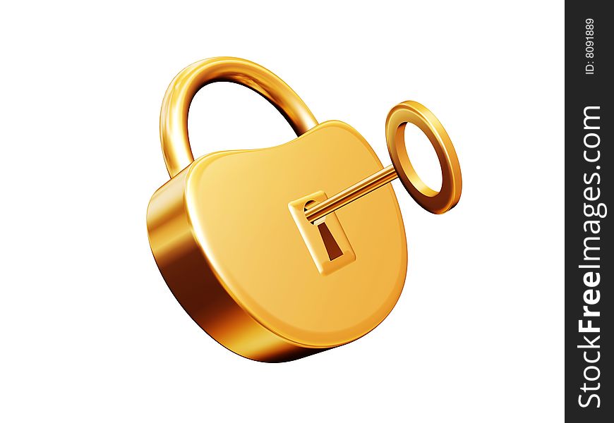 Golden padlock with key isolated on white