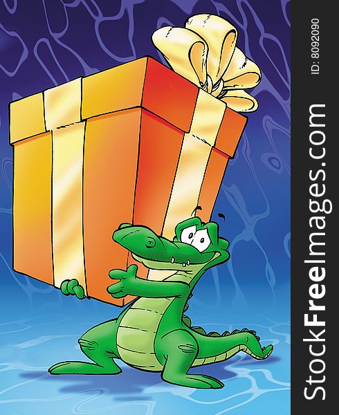Green crocodile animal with present