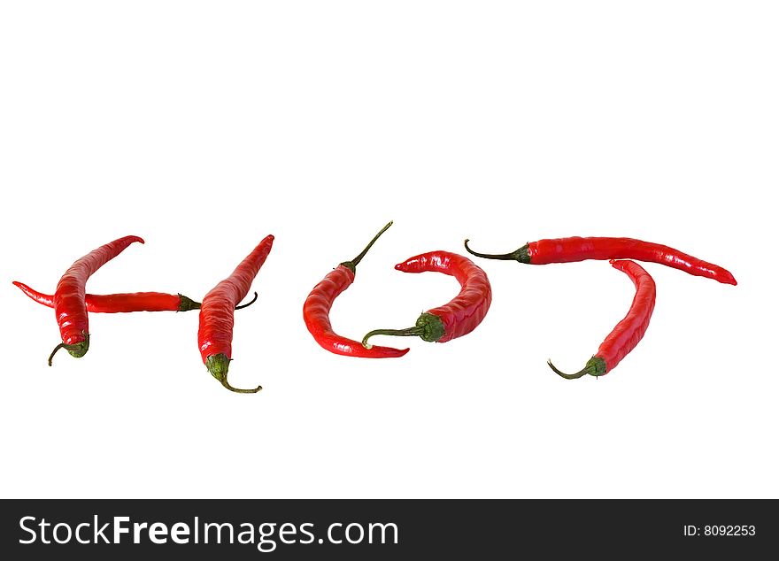 The word Hot written with red chillis against a white background