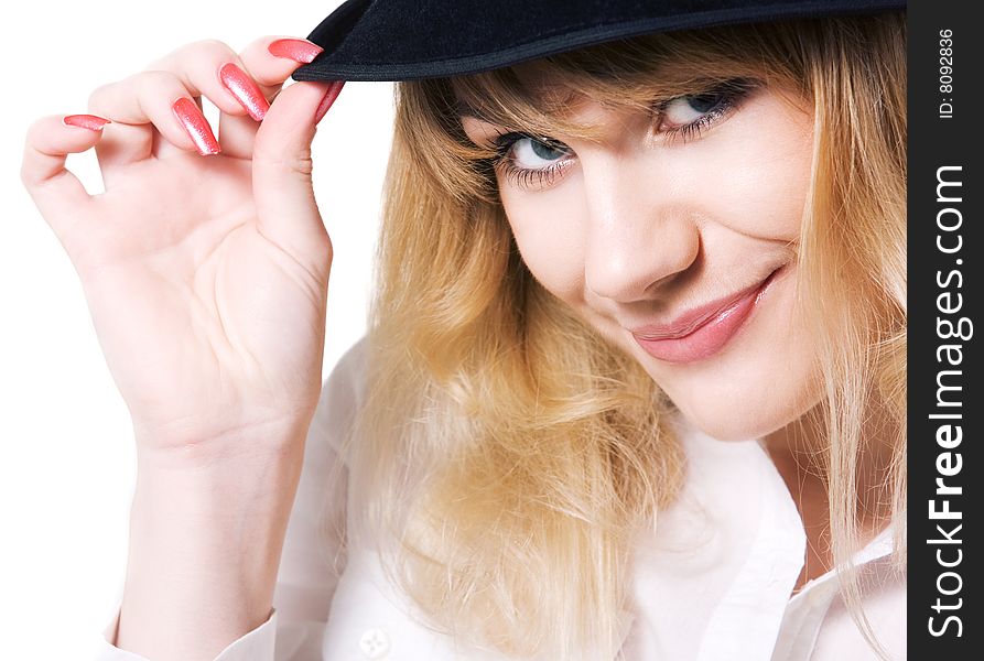 Close-up portrait of a fresh and beautiful young smiling woman with hat. Close-up portrait of a fresh and beautiful young smiling woman with hat