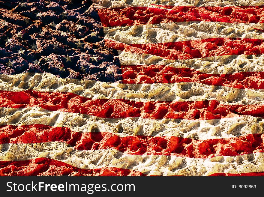 Flag of america on sand with sun,