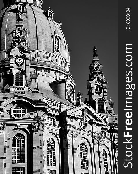 Detail of a famous church in Dresden - Frauenkirche - photographed during a bright winter day (black and white photo).
. Detail of a famous church in Dresden - Frauenkirche - photographed during a bright winter day (black and white photo).