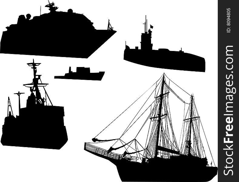 Illustration with five ship silhouettes isolated on white background