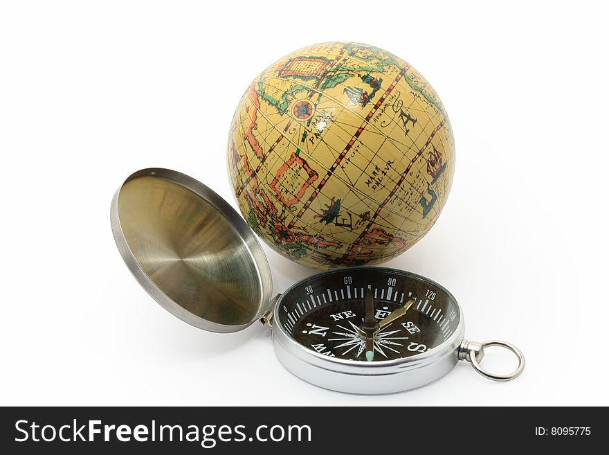 Modern compass and ancient globe isolated on white background. Modern compass and ancient globe isolated on white background
