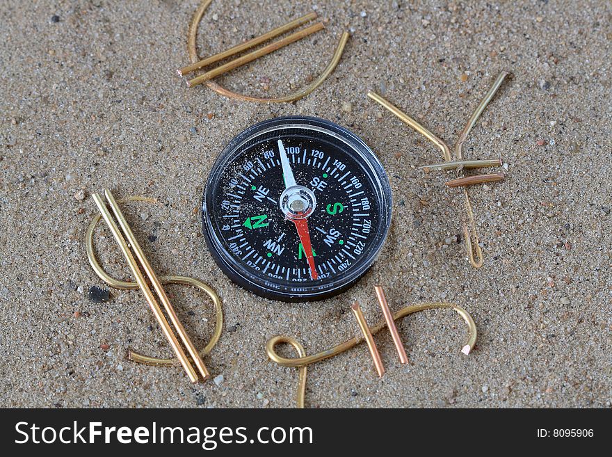 World money signs made from wire and compass on sand. World money signs made from wire and compass on sand