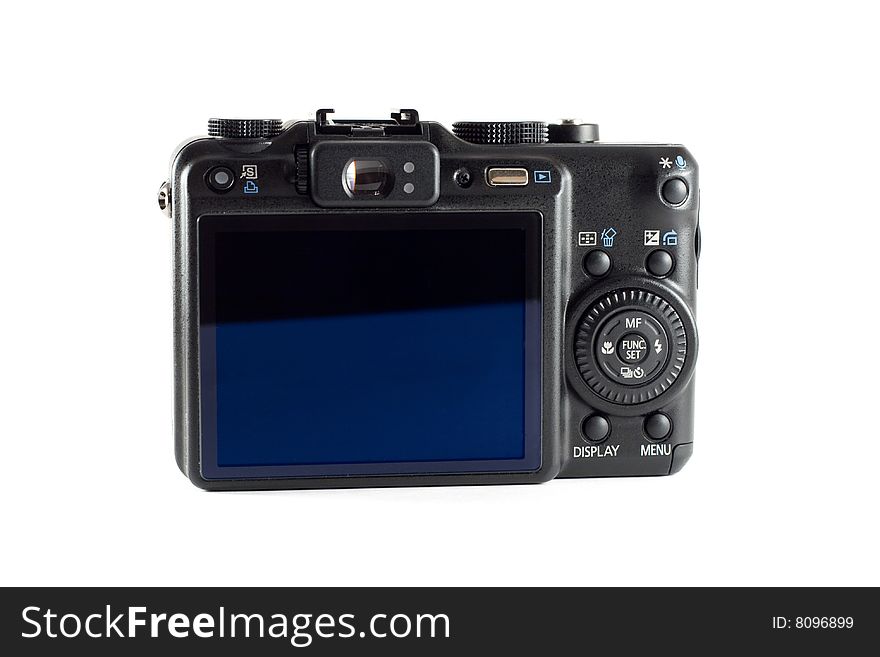 Black digital photo camera on a white background