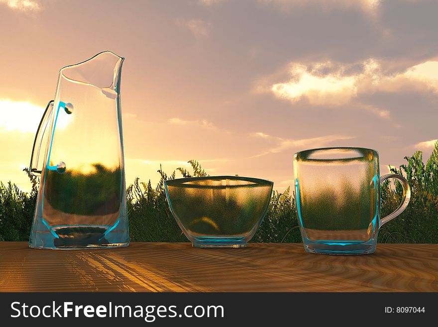 Scene glass-ware  on background of the grass