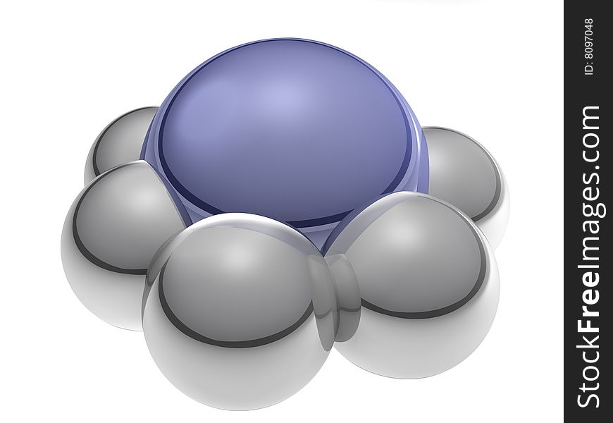 Blue ball is surrounded the group of silver balls. Blue ball is surrounded the group of silver balls