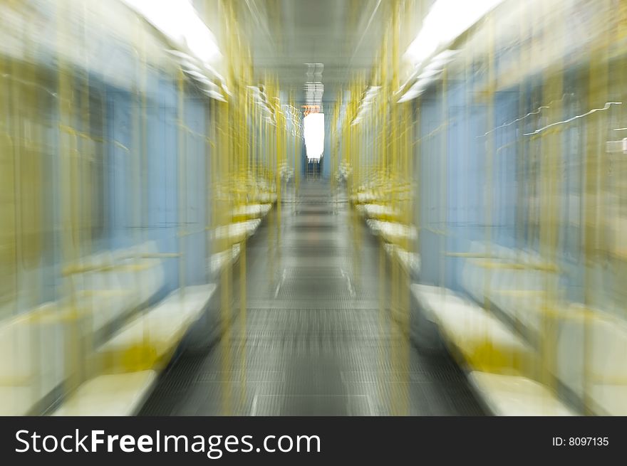 Zoomed inside an empty subway train