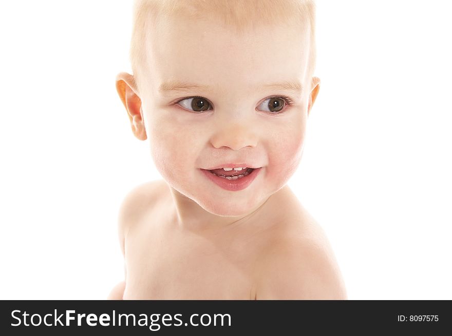 Laughing baby boy on white background