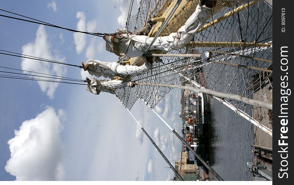 Convolute sails of sailship World at the embankment river Neva. Convolute sails of sailship World at the embankment river Neva