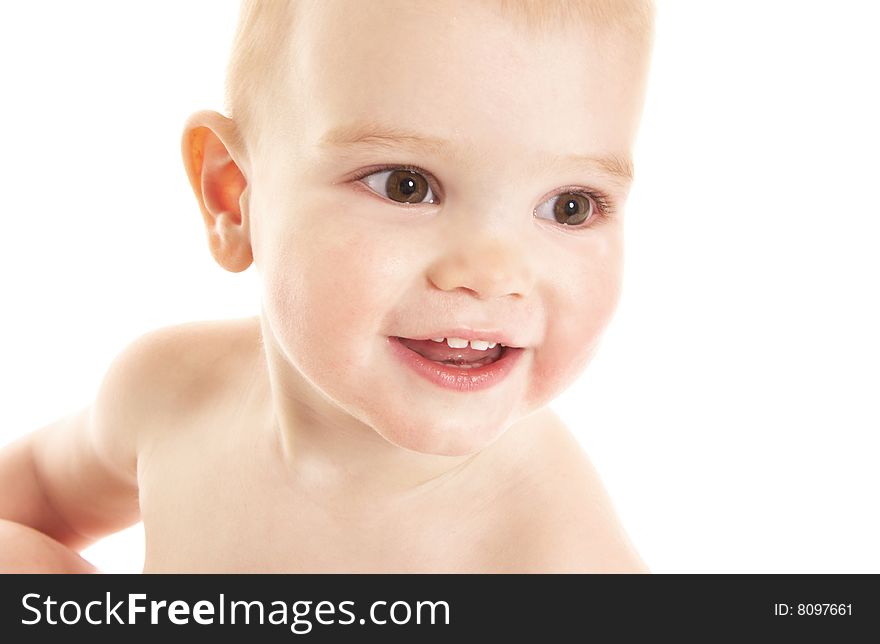 Laughing baby boy on white background