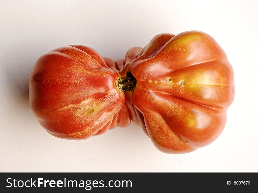 Deformed tomato on white with drop shadow