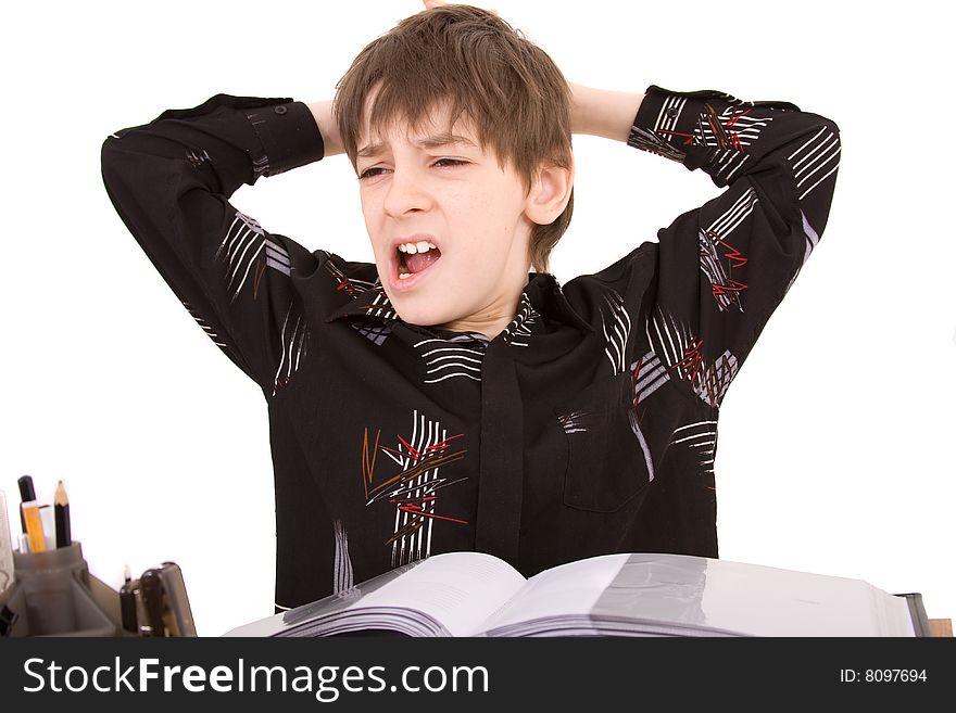 Child with study of the difficulties on white background