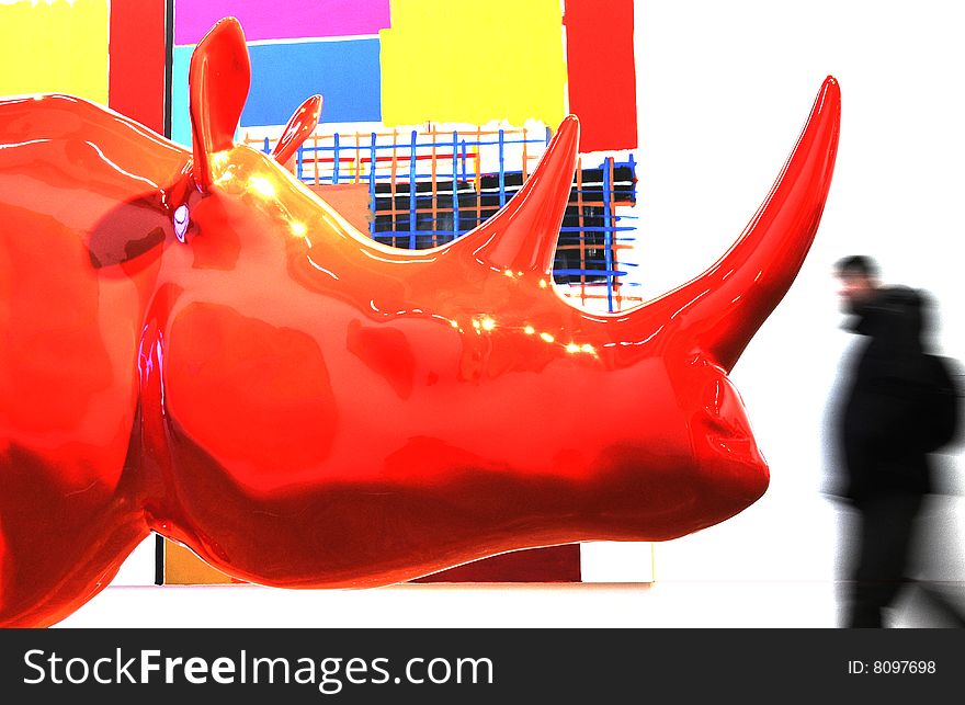 Sculpture of rhinoceros with red color, statue of rhinoceros. Sculpture of rhinoceros with red color, statue of rhinoceros