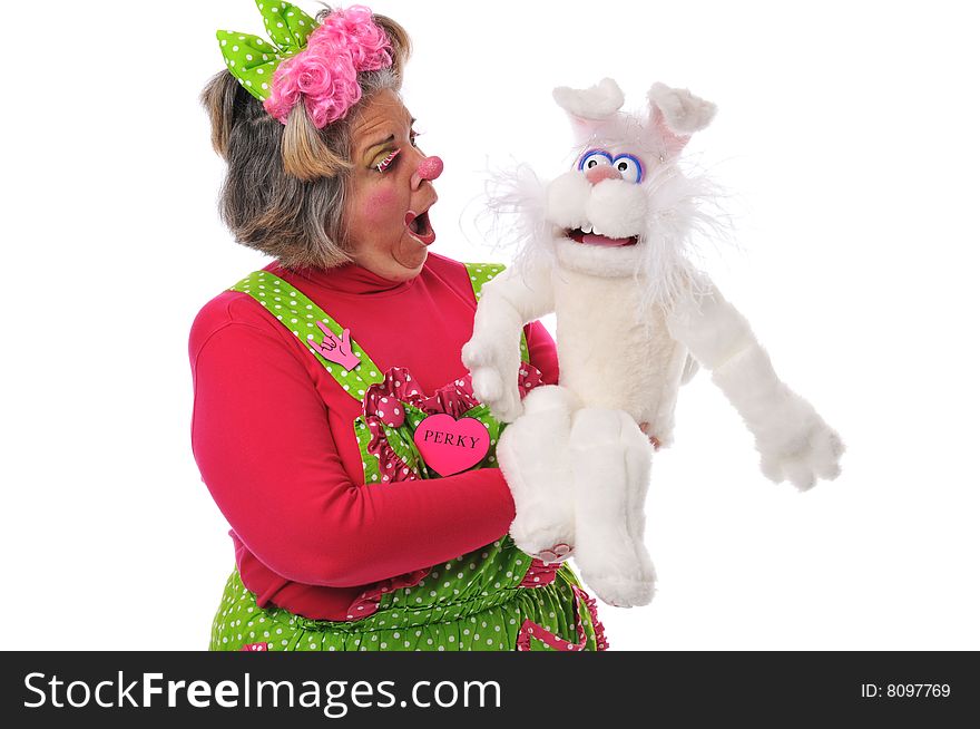 Clown with puppet isolated on a white background