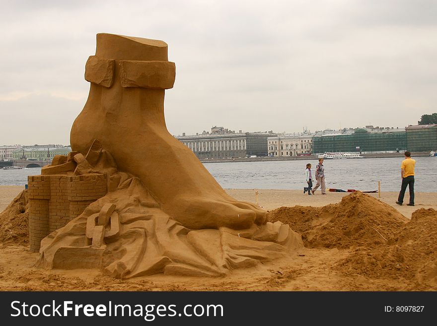 Competition of sandy sculpture in Saint Petersburg on the riverside Neva