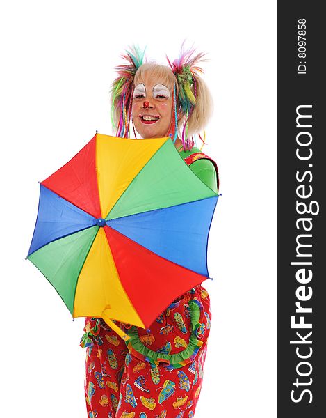 Clown's portrait holding umbrella against a white background