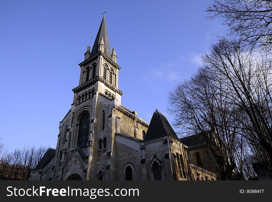 Church building in the blue sky, church tower