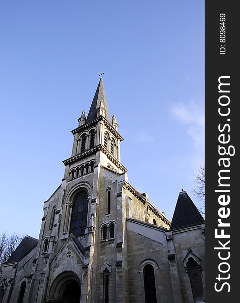 Church building in the blue sky, church tower