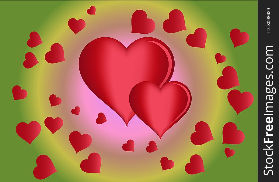 Valentine card. Red hearts on pink, yellow and green background.