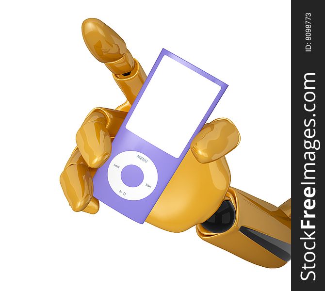 Gold 3d robotic hand hold a blank portable multimedia player. Including clipping path. Gold 3d robotic hand hold a blank portable multimedia player. Including clipping path