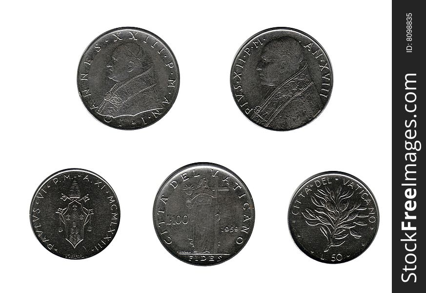 Vatican coins isolated over white. Vatican coins isolated over white