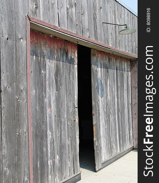 Old wooden garage door open