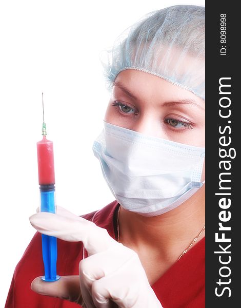 Doctor with a syringe, isolated on a white background. Doctor with a syringe, isolated on a white background