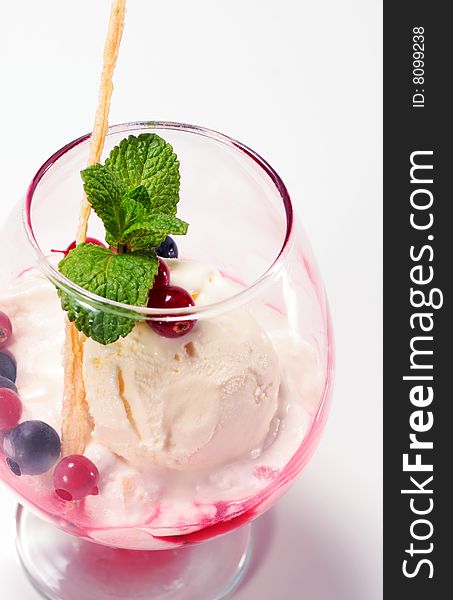 Ice Cream with Fresh Mint Leaves and Berries in Glass. Ice Cream with Fresh Mint Leaves and Berries in Glass