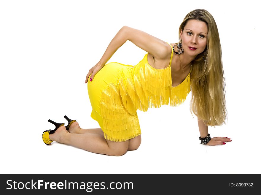 Long hair blond in yellow dress on white background