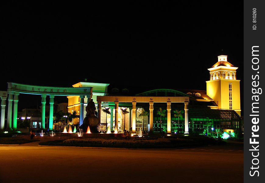 Nice Building at Night bellow a full moon, Quanzhou, China