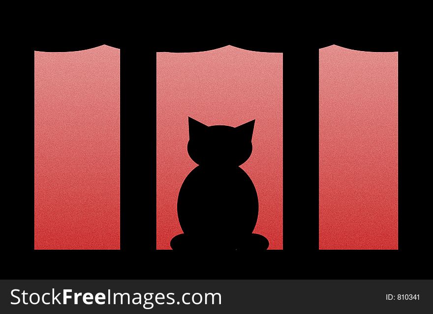 An illustration of a cat sitting on a window sill looking out into a red snowy background. An illustration of a cat sitting on a window sill looking out into a red snowy background