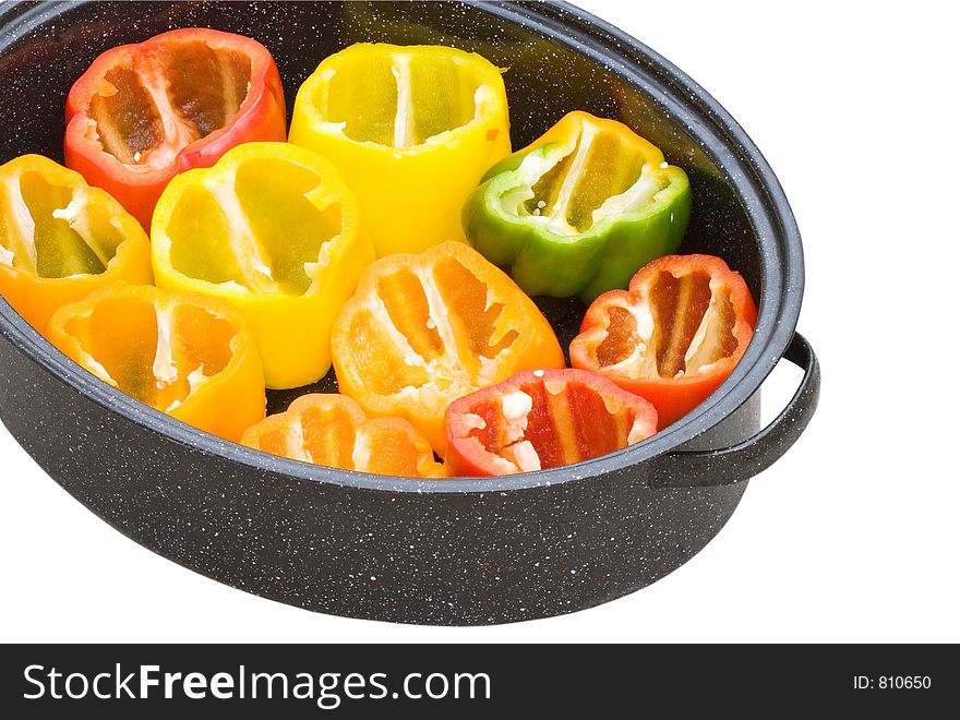 Cut peppers in a cooking pot. Cut peppers in a cooking pot