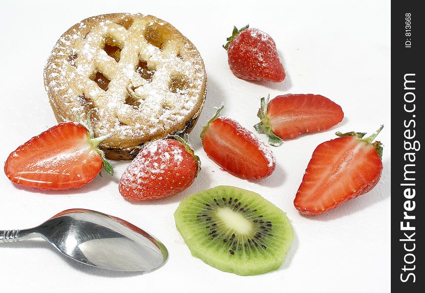 Apricot pie and strawberries ready to eat. Apricot pie and strawberries ready to eat