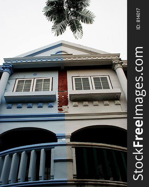 Blue and white stone home