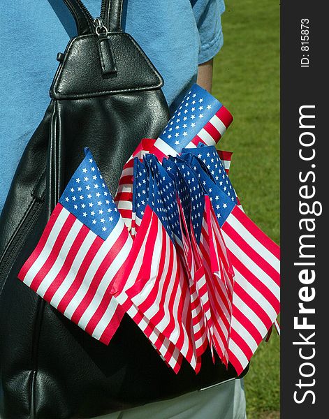American Flags in a black backpack. American Flags in a black backpack